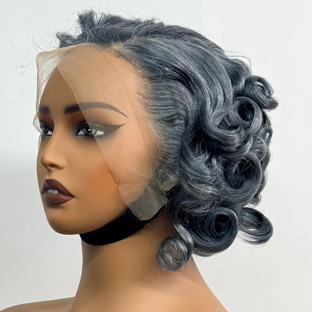 13x4 Transparent Lace Frontal Wigs Loose Bouncy Curly Human Hair Wig 250% Density Gray Short Wave Curly Wigs for Black Women