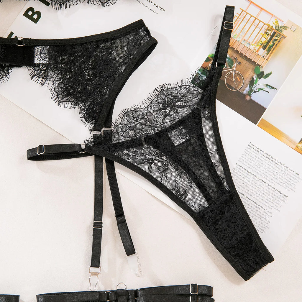French Lace Lingerie Set 4-Piece Sexy Erotic Underwear with Sheer Bra & Garter Belt Hollow Out Seductive Matching Set for Women