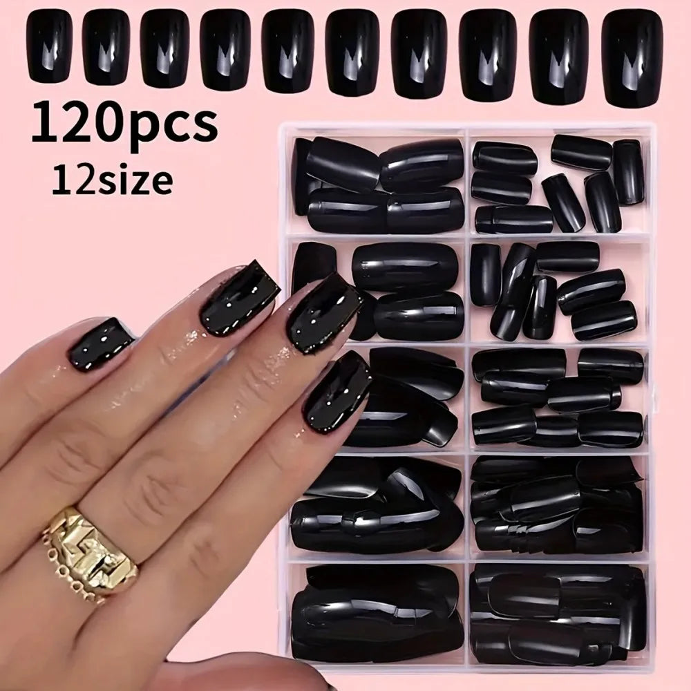 120pcs Black Press-On Nail Tips Full Coverage Ballet Shape Medium Length Solid Color Glossy Finish Durable Fake Nails Suitable
