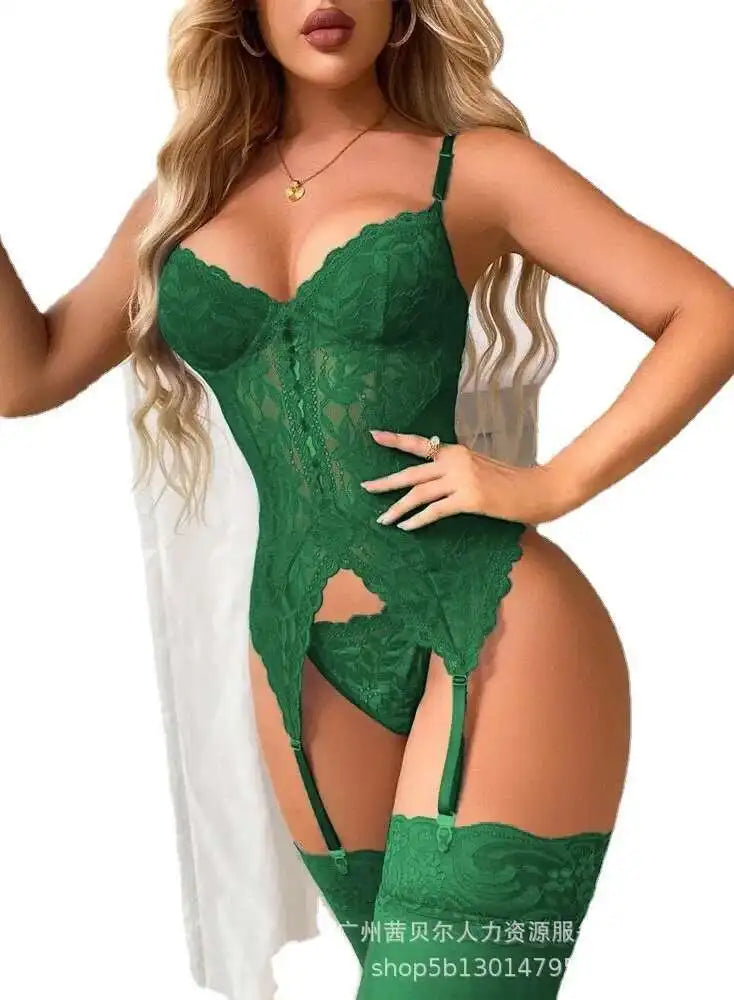 Sexy Lace Flower Embroidery Bodysuits Sets Backless Wrap Chest Suspender Socks Sleeveless Charming Elegant Beautiful Charm JEYQ
