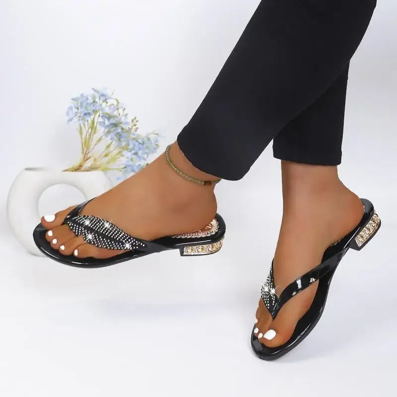 Rhinestone Leaves Clip Toe Sandals for Women Summer 2026 Low Square Crystal Heels Gladiator Shoes Slippers Woman Gold Flip Flops