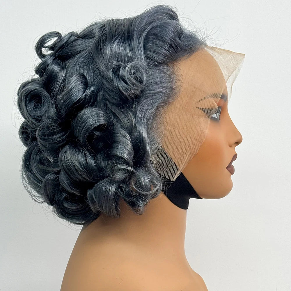 13x4 Transparent Lace Frontal Wigs Loose Bouncy Curly Human Hair Wig 250% Density Gray Short Wave Curly Wigs for Black Women