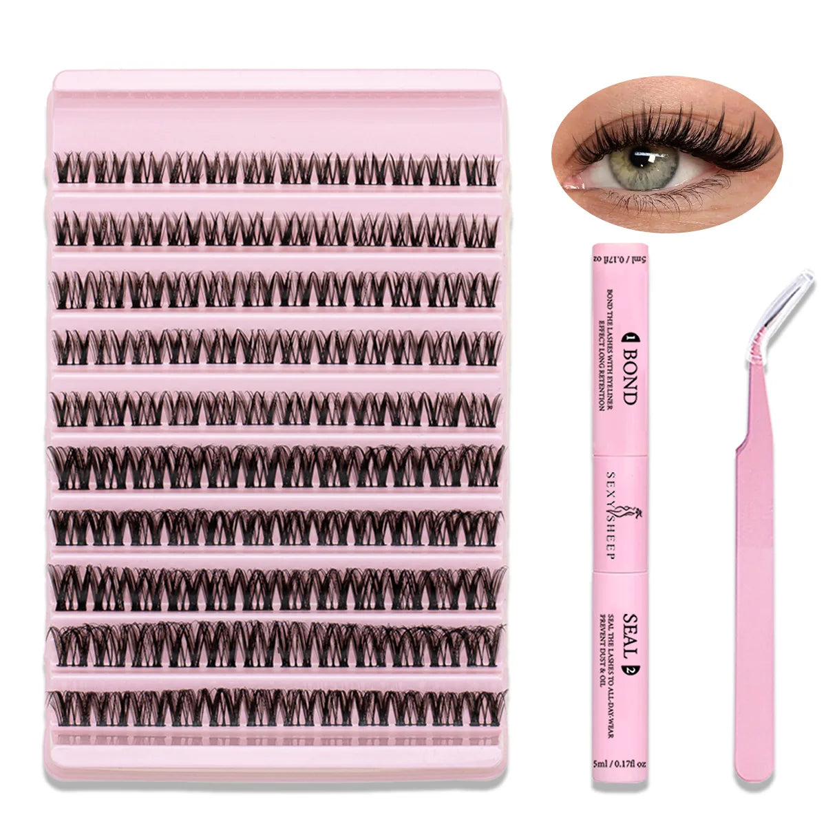 Lash Extension Kit DIY Lash Clusters Kit 8-16mm Individual Lashes Kit with Lash Bond and Seal Lash Tweezers for Self Use