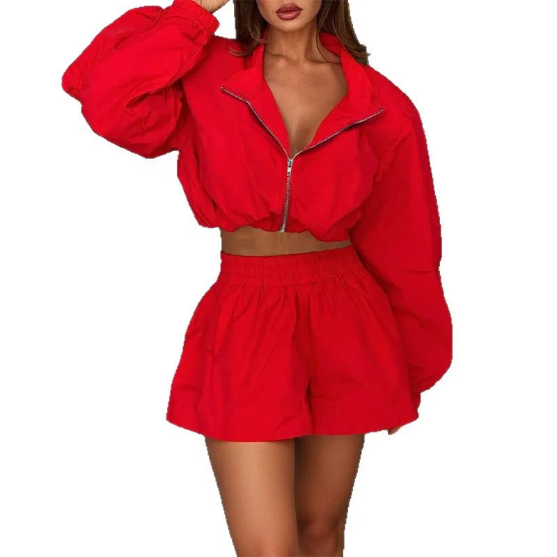 Women's Red 2 Piece Set Zip Up Long Sleeve Crop Top and High Waist Shorts Casual Summer Outfit Matching Set Streetwear Fashion