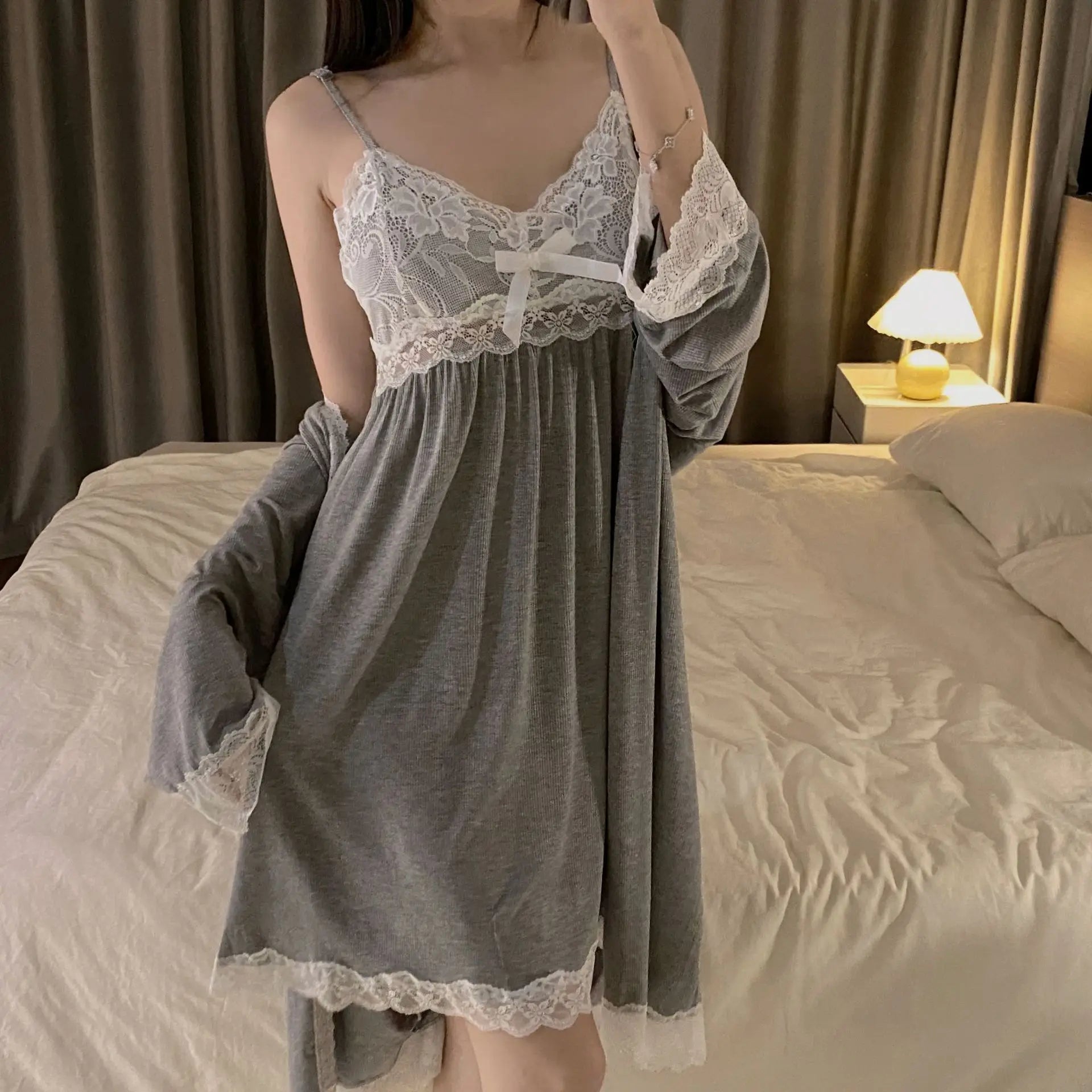 Modal Nightgowns Women Autumn Winter Sleepwear Two Piece Set Lace Sexy Long Sleeve Home Wear Clothing Casual Ladies Nightdress