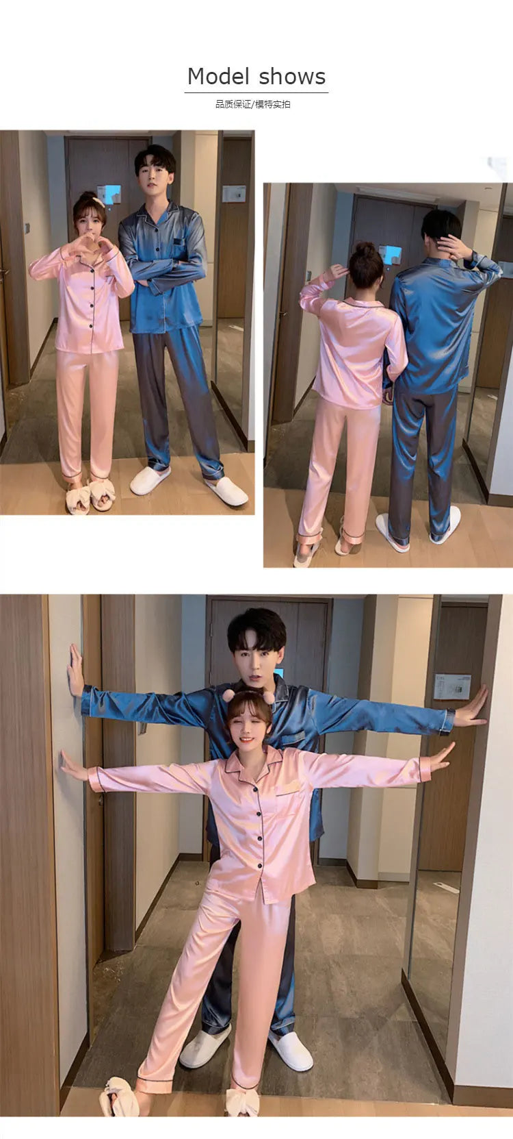 Sleepwear Couple Silk Satin Solid Color Pajama Sets Long Button-Down Pijama Plus Size Home Clothes Pyjamas Women Men Loungewear