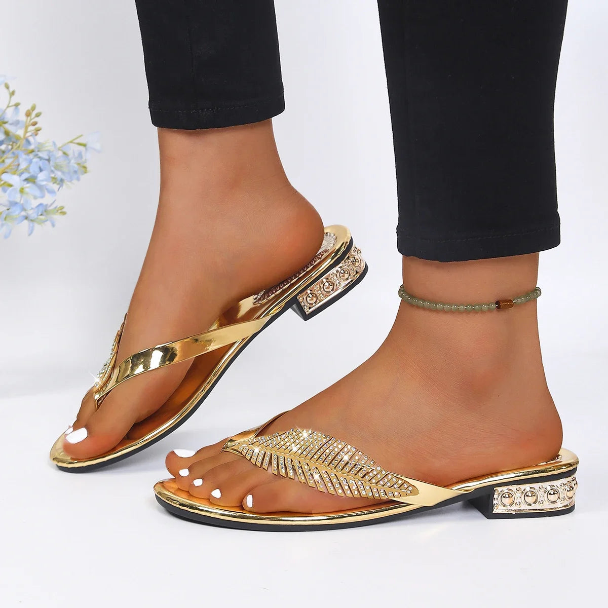 Rhinestone Leaves Clip Toe Sandals for Women Summer 2026 Low Square Crystal Heels Gladiator Shoes Slippers Woman Gold Flip Flops
