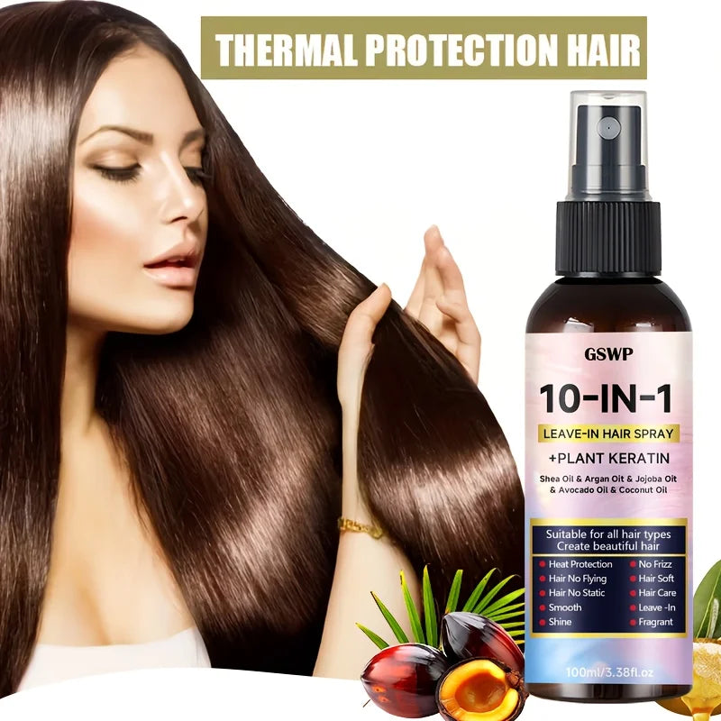 GSWP 10-in-1 Leave-in Hair Spray contains Moroccan argan oil and castor oil, providing heat protection and deep moisturization.