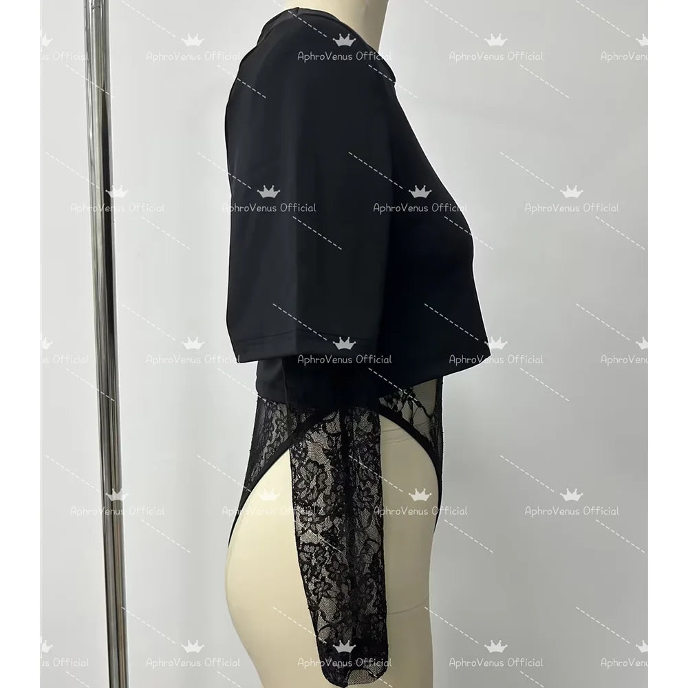 Sexy Lace Bodysuit T-Shirt 2-Piece Set Women's Fashion Lingerie Y2K Streetwear Outfit Casual Summer Clothes S-XXL