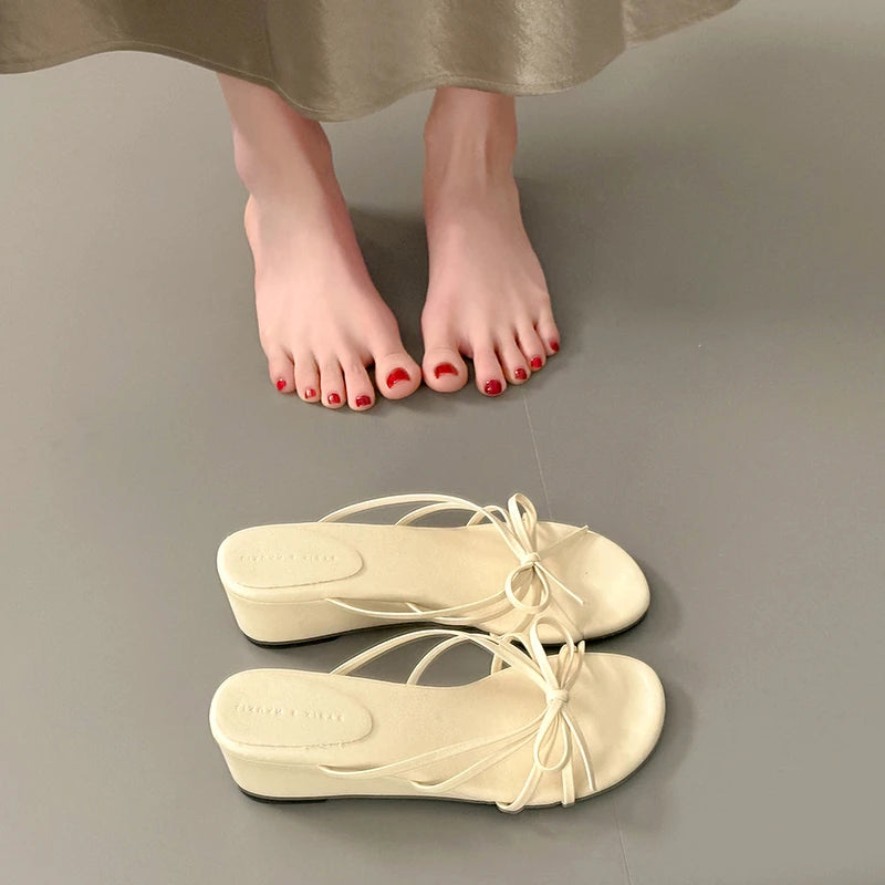 Women's Thick Heel Sandals Summer Outdoor Wear  Knot Slip-On Shoes Beach Vacation Heightening Beautiful Cool Sandals