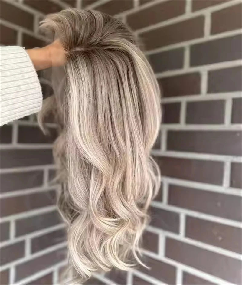 Invisible Transparent Lace Ombre Platinum Blonde Wig with Dark Roots Party Wigs Lace Front Wig Synthetic HD Wigs For Women 20''
