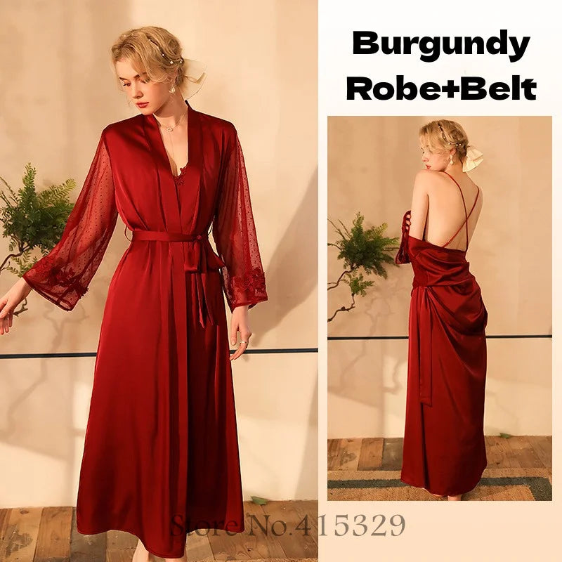 Wedding Bride Robe Set Women Sexy Lace Patchwork Nightgown Long Kimono Bath Gown Loose Suspender Nightdress Intimate Lingerie