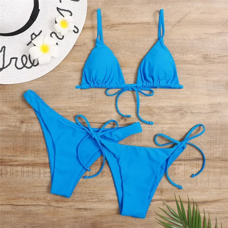 Women's Sexy 3-Piece Bikini Set - Push Up Bandage Triangle Swimsuit in Blue & Purple, Brazilian Beachwear