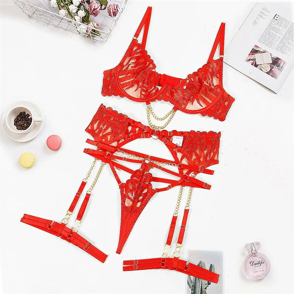Red Lace Sexy Lingerie Sets Women See Through Mesh Sheer Patchwork Party Transparent Lace Luxury Obsessive Outfits