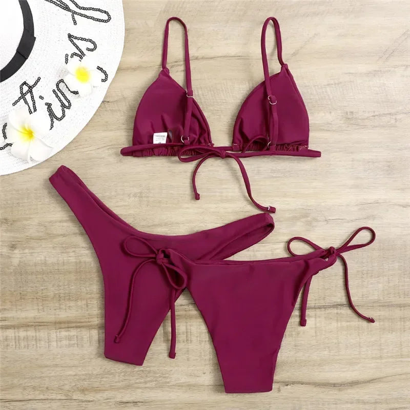 Women's Sexy 3-Piece Bikini Set - Push Up Bandage Triangle Swimsuit in Blue & Purple, Brazilian Beachwear