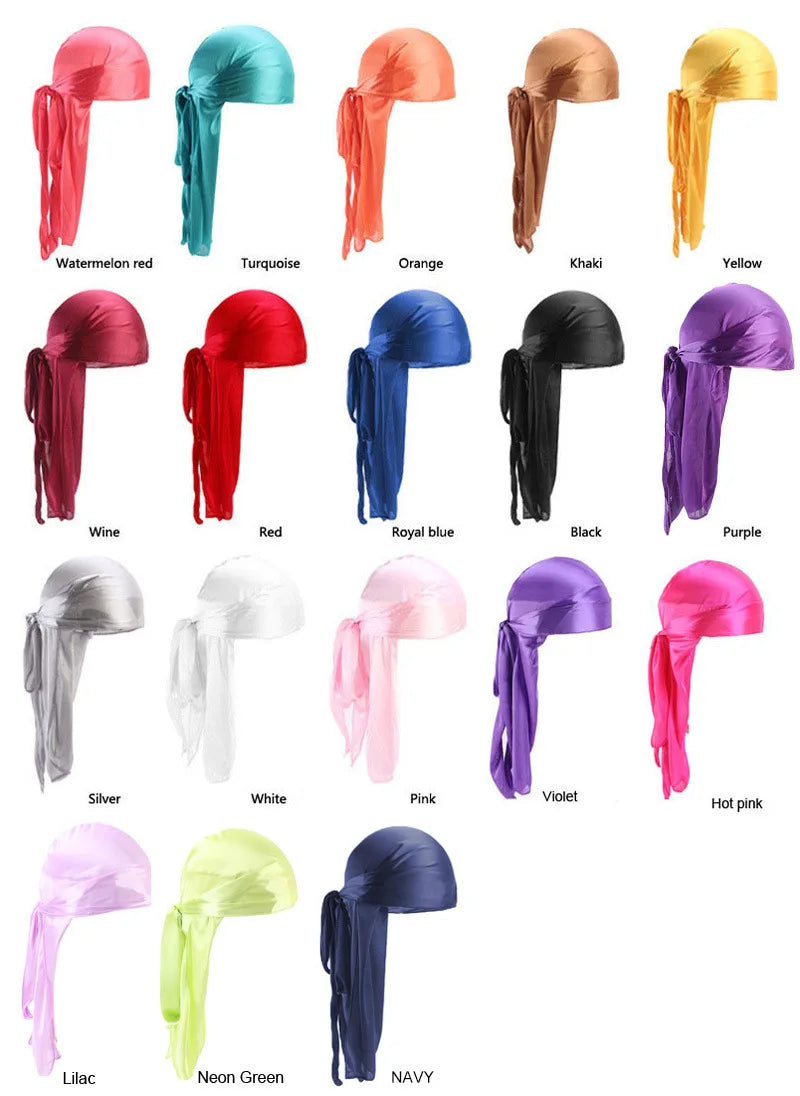 Men's Silky Turban Head Wrap Hat Wig For Men Women Satin Couple Biker Headwear Headband Hair Accessories Extra Long Tail