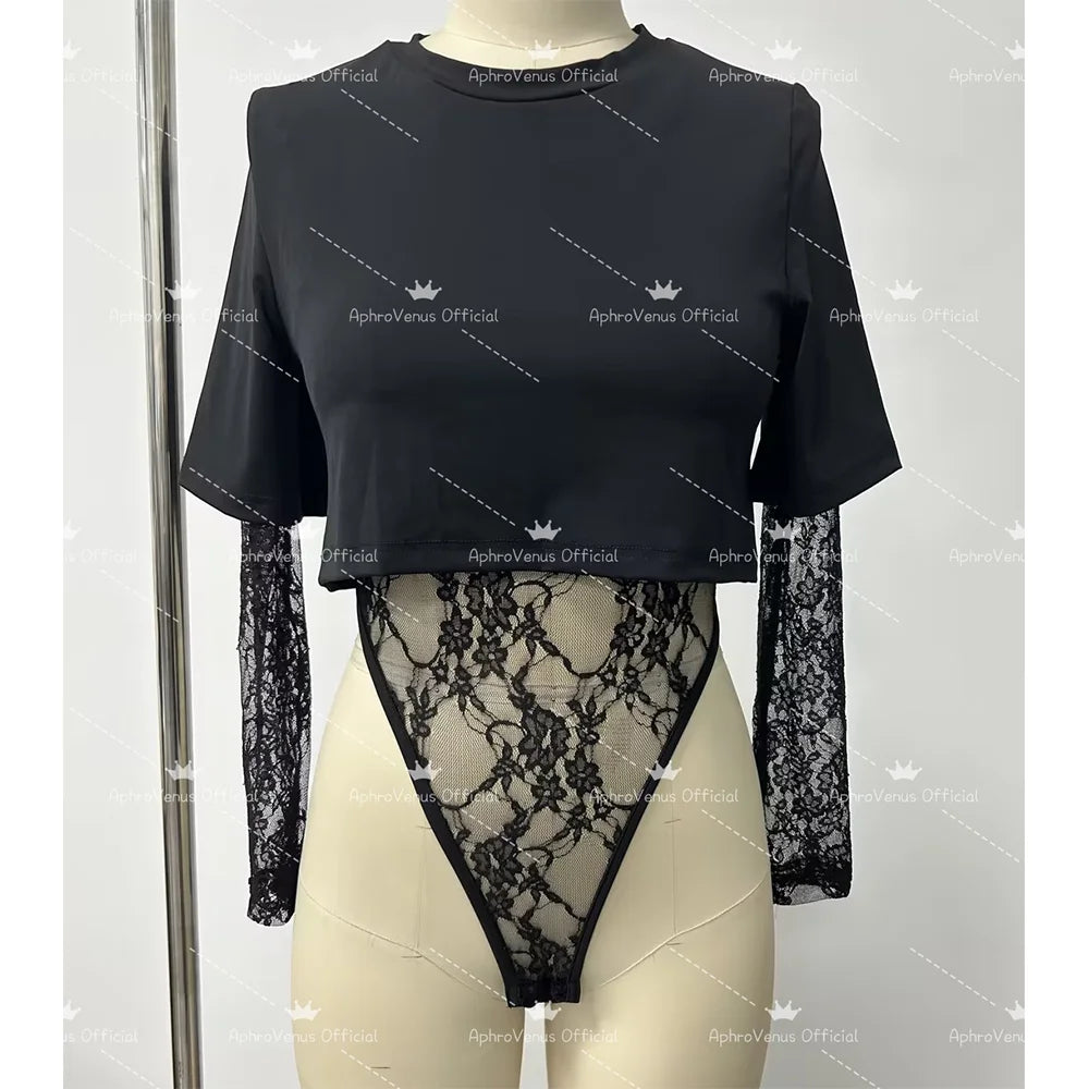 Sexy Lace Bodysuit T-Shirt 2-Piece Set Women's Fashion Lingerie Y2K Streetwear Outfit Casual Summer Clothes S-XXL