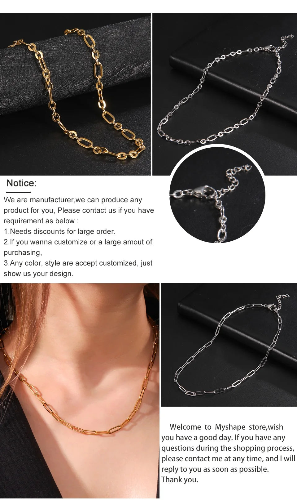 My Shape Paperclip Chain Stainless Steel Choker Necklaces for Men Women Link Oval Cable Chain Fashion Jewelry DIY Accessories