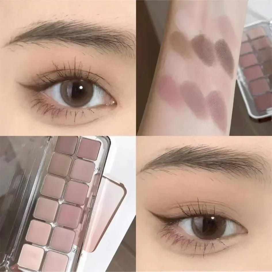 12-color low-saturation earthy pink-purple eyeshadow palette | Matte, pearlescent, and glitter textures | High color payoff