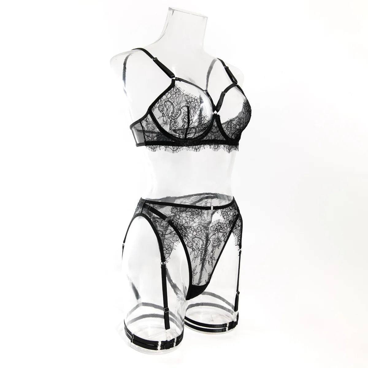 French Lace Lingerie Set 4-Piece Sexy Erotic Underwear with Sheer Bra & Garter Belt Hollow Out Seductive Matching Set for Women