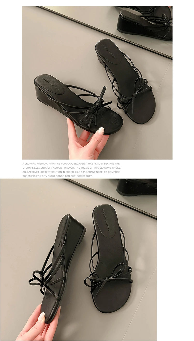 Women's Thick Heel Sandals Summer Outdoor Wear  Knot Slip-On Shoes Beach Vacation Heightening Beautiful Cool Sandals