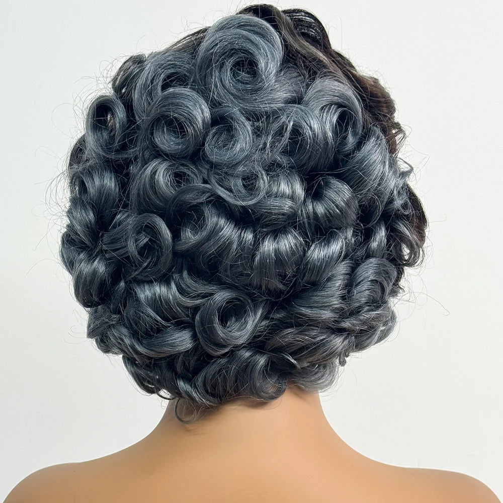 13x4 Transparent Lace Frontal Wigs Loose Bouncy Curly Human Hair Wig 250% Density Gray Short Wave Curly Wigs for Black Women