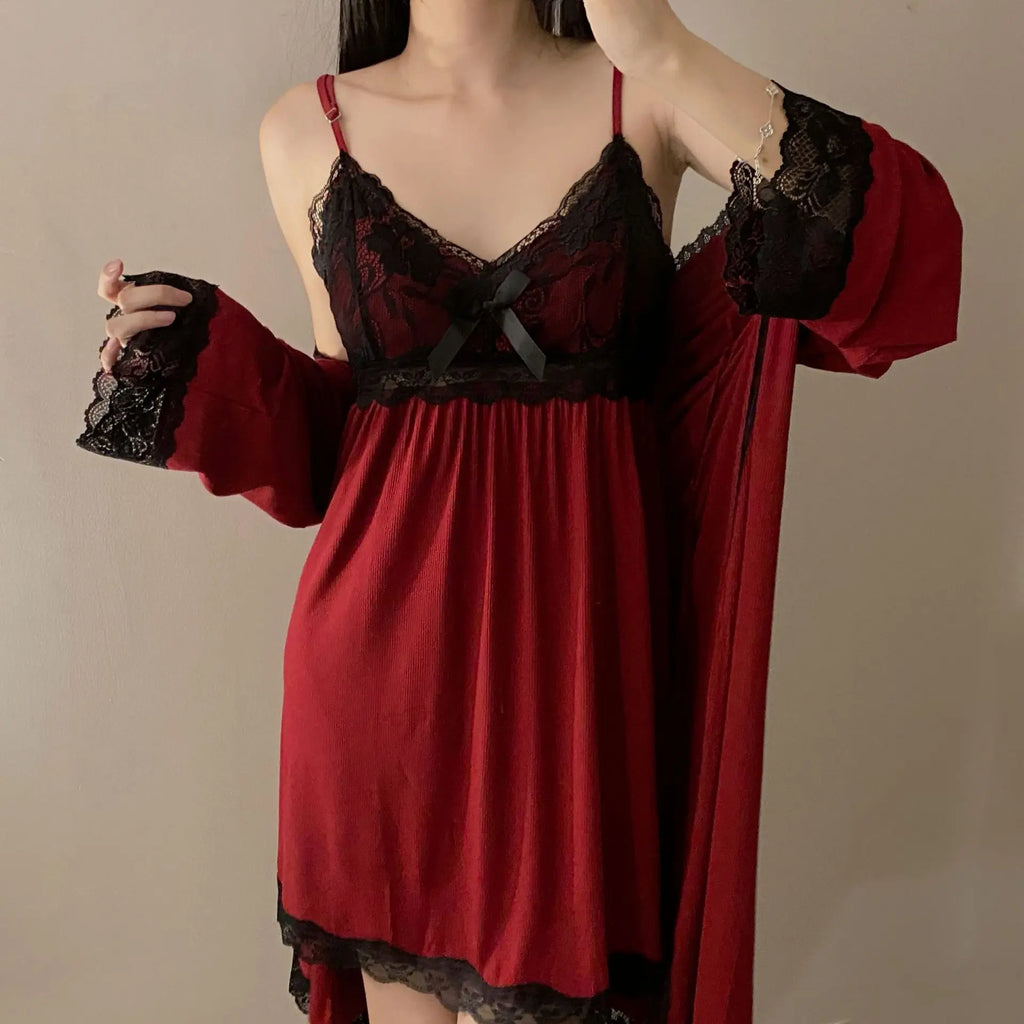 Modal Nightgowns Women Autumn Winter Sleepwear Two Piece Set Lace Sexy Long Sleeve Home Wear Clothing Casual Ladies Nightdress