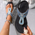Blue Rhinestones Flat Sandals for Women Summer Bohemian Style Comfort Beach Shoes Woman Lightweight Clip Toe Roman Sandals