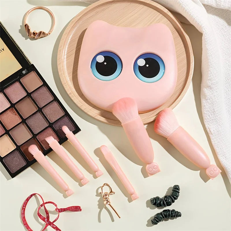 6Pcs Mini Travel Makeup Brushes Set with Mirror Cat Storage Box Travel Makeup Brushes Set Cosmetic Powder Blush Blending Brushes