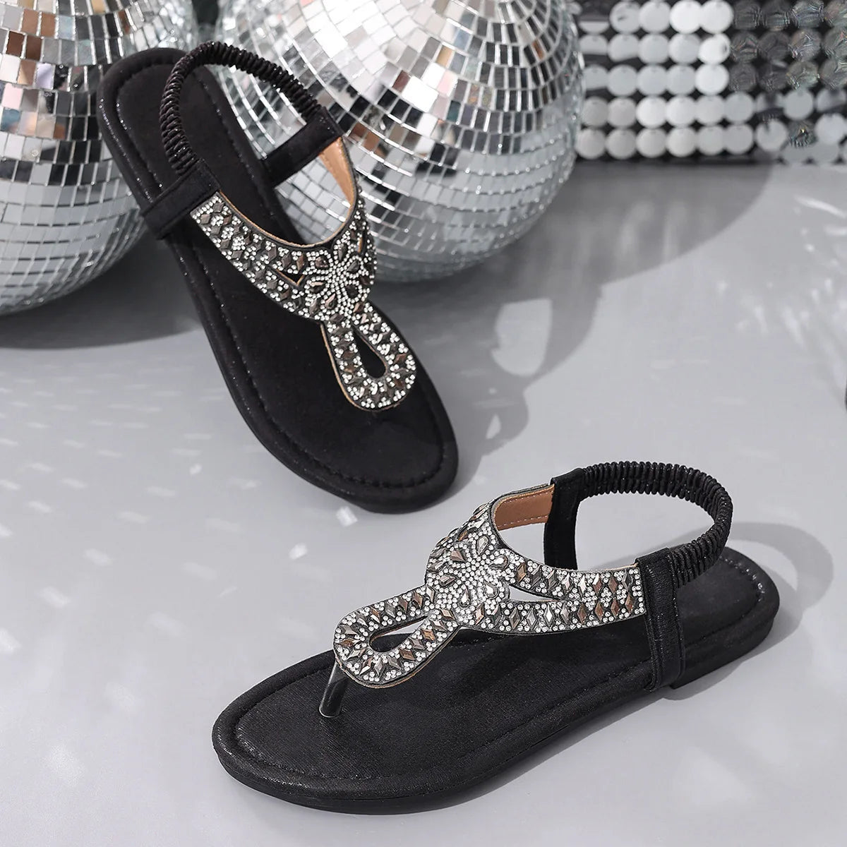 Blue Rhinestones Flat Sandals for Women Summer Bohemian Style Comfort Beach Shoes Woman Lightweight Clip Toe Roman Sandals