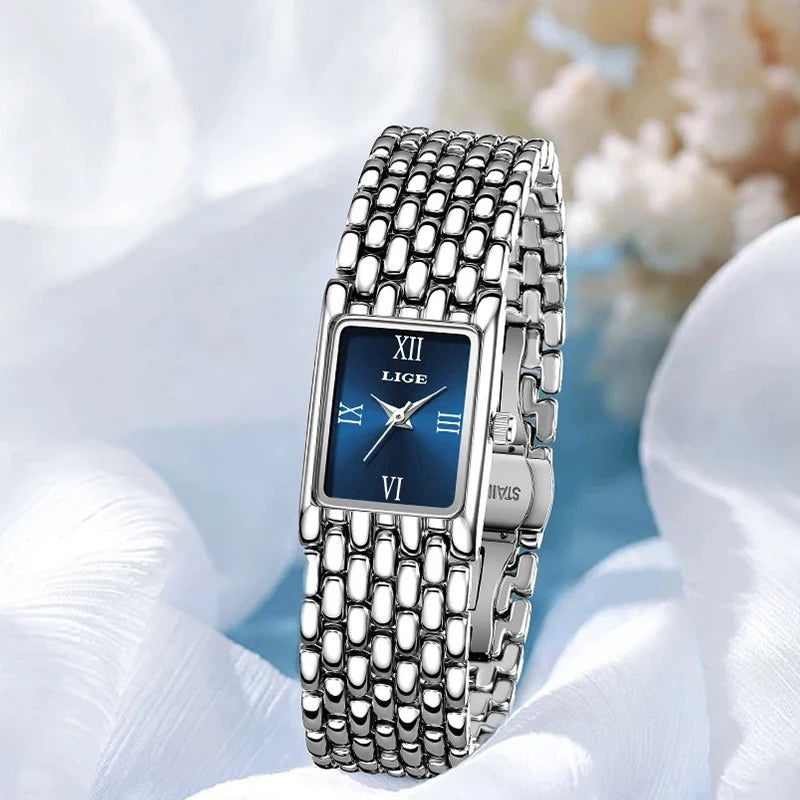 LIGE Silver Watch for Women Square Ladies Quartz Wristwatches Stainless Steel Women Small Gold Watch Luxury Casual Fashion Watch