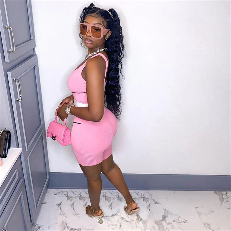 Knitted Ribbed Striped 2 Piece Sets Summer Outfits for Women 2023 Crop Top and Shorts Casual Matching Sets Sportwear Sweatsuits