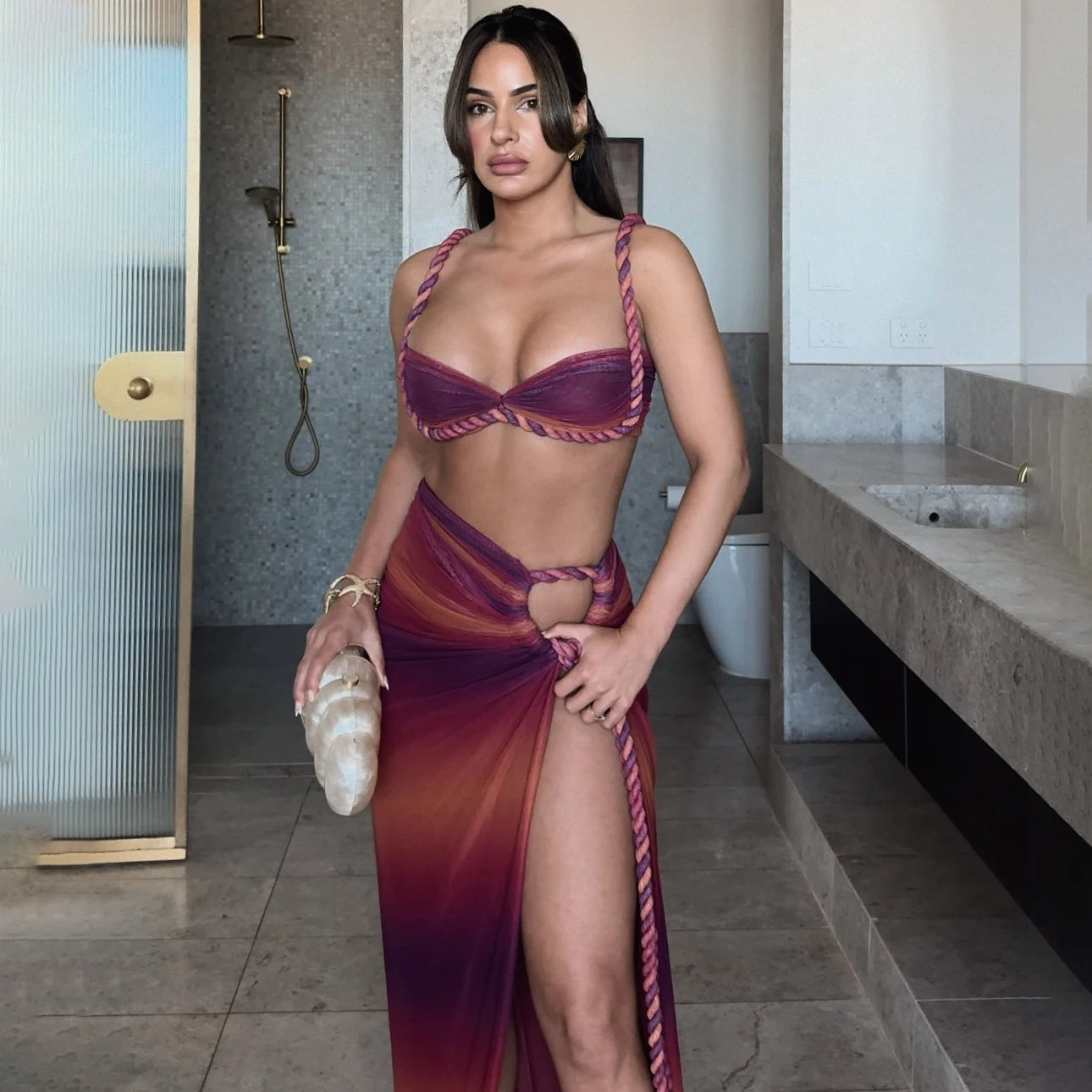 Sexy 3 Pieces Bikini Set With Cover Up Push Up Bikinis Women Swimsuit Female Swimwear Long Skirt Halter Bathing Suit Beachwea