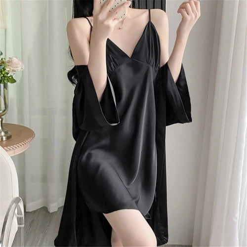 2 Pcs Nighty&Bathrobe Sets Bride Bridesmaid Wedding Robe Gown Womens Sleepwear With Belt Nightgown Loose Kimono