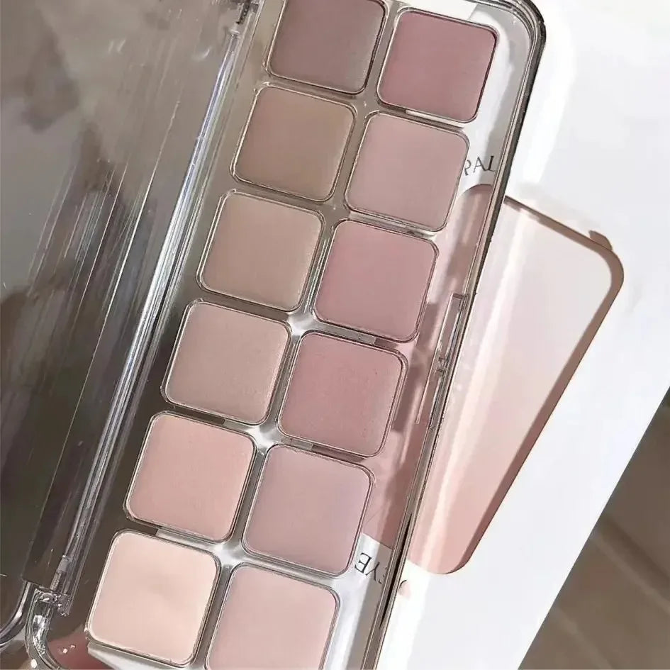 12-color low-saturation earthy pink-purple eyeshadow palette | Matte, pearlescent, and glitter textures | High color payoff