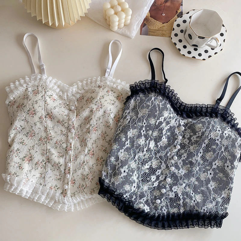 Lace Flower Print Cami Crop Tank Tops Summer Camisole Women's Tube Top Elegant Slim Short Tanks Vest Sexy Pearl Buttons Top