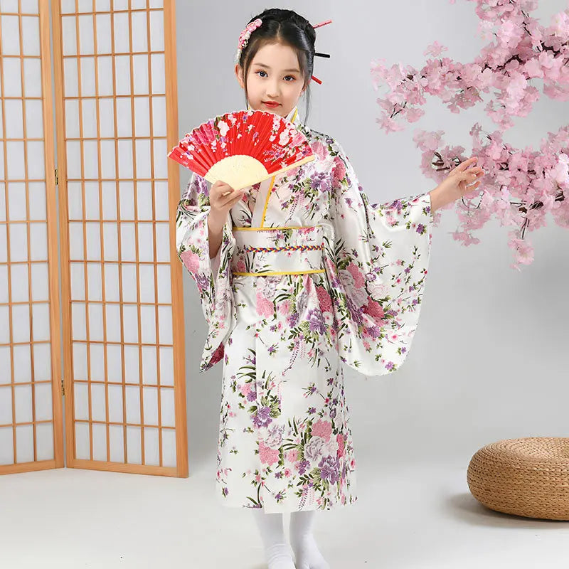 Kids Japan Style Sakura Floral Kimono Robe, Traditional Yukata Haori Elegant Dress for Cultural Performance Costume