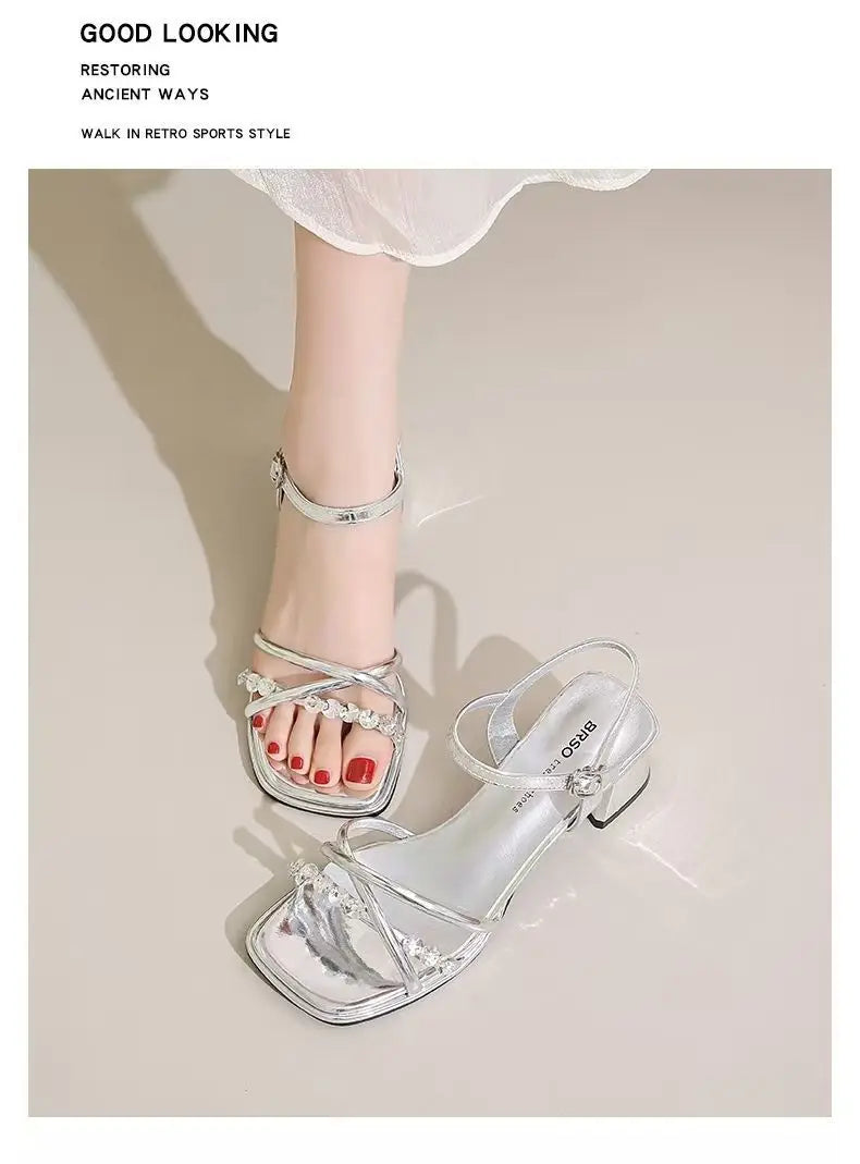 Women's versatile summer European style strappy sandals, comfortable fashion silver soft sole new chunky heel high heels