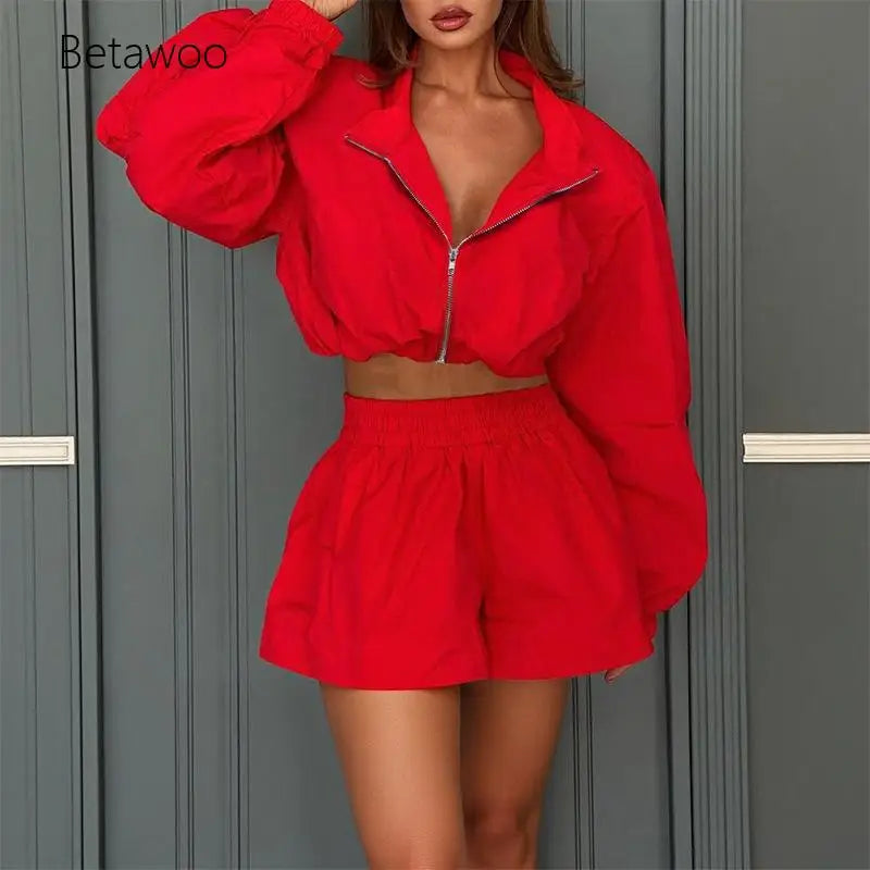 Women's Red 2 Piece Set Zip Up Long Sleeve Crop Top and High Waist Shorts Casual Summer Outfit Matching Set Streetwear Fashion