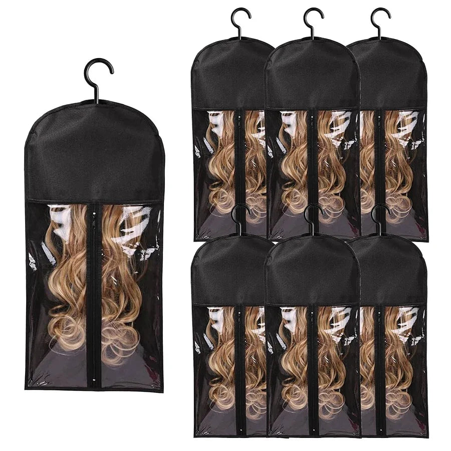 6pcs Wig Storage Bags with Hangers-Durable Hair Extension Organizer for Multiple Wigs & Accessories, Transparent Design