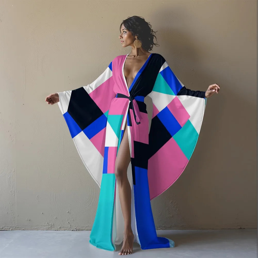 Women's Sexy Floor-Length Nightgown Super Soft & Stretchy Sleep Robe with Bohemian Star Print Deep V-Neck & High Slit Sleepwear