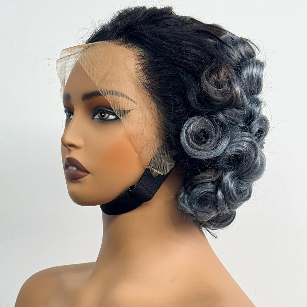 13x4 Transparent Lace Frontal Wigs Loose Bouncy Curly Human Hair Wig 250% Density Gray Short Wave Curly Wigs for Black Women