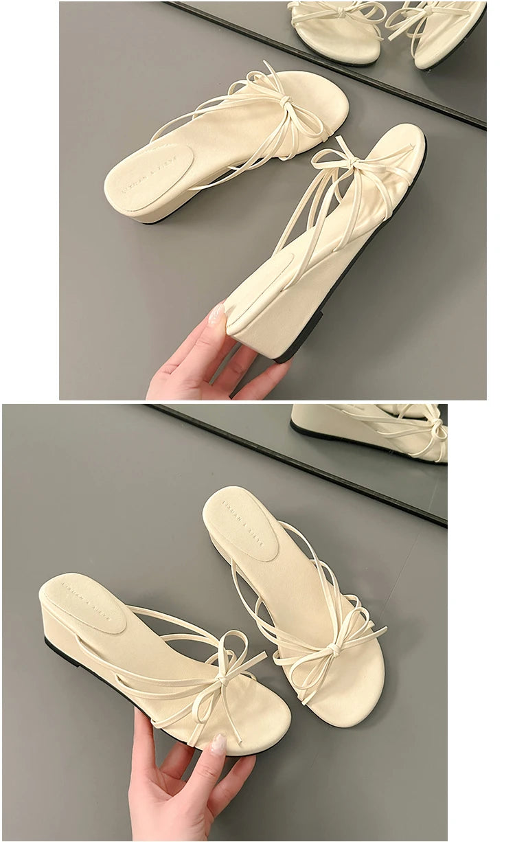 Women's Thick Heel Sandals Summer Outdoor Wear  Knot Slip-On Shoes Beach Vacation Heightening Beautiful Cool Sandals
