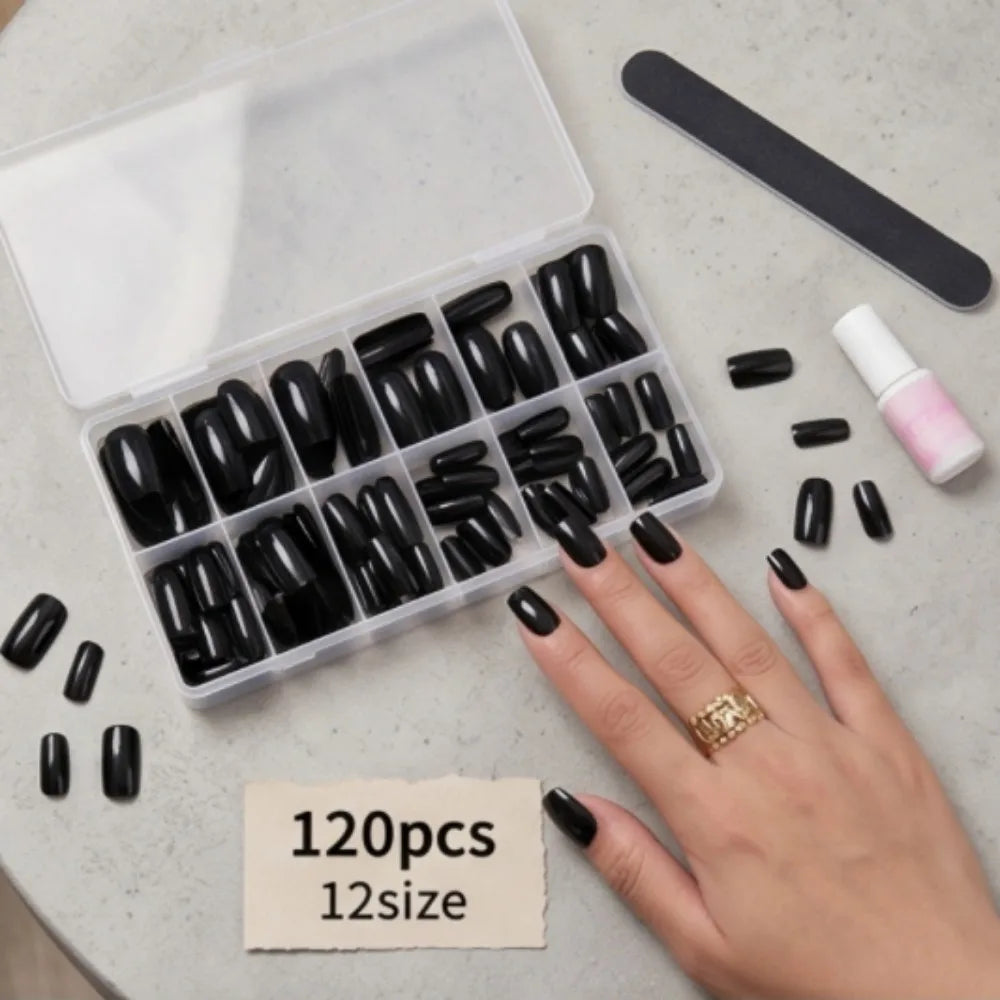 120pcs Black Press-On Nail Tips Full Coverage Ballet Shape Medium Length Solid Color Glossy Finish Durable Fake Nails Suitable