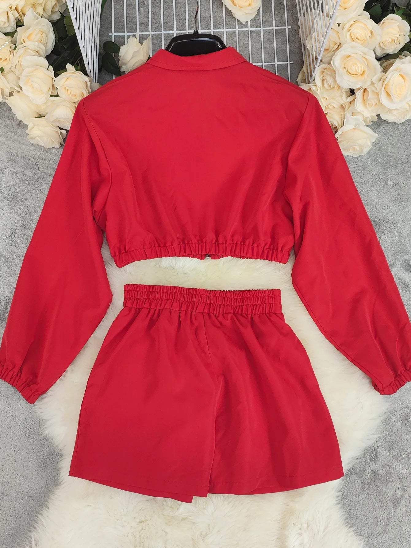 Women's Red 2 Piece Set Zip Up Long Sleeve Crop Top and High Waist Shorts Casual Summer Outfit Matching Set Streetwear Fashion