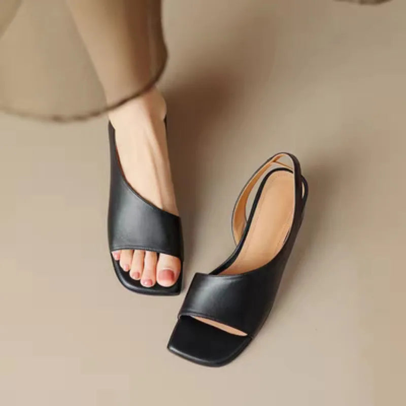 Square Toe Open Toe Sandals Women 2026 Summer New Medium and Block Heel Straight Strap Back Empty Sandals