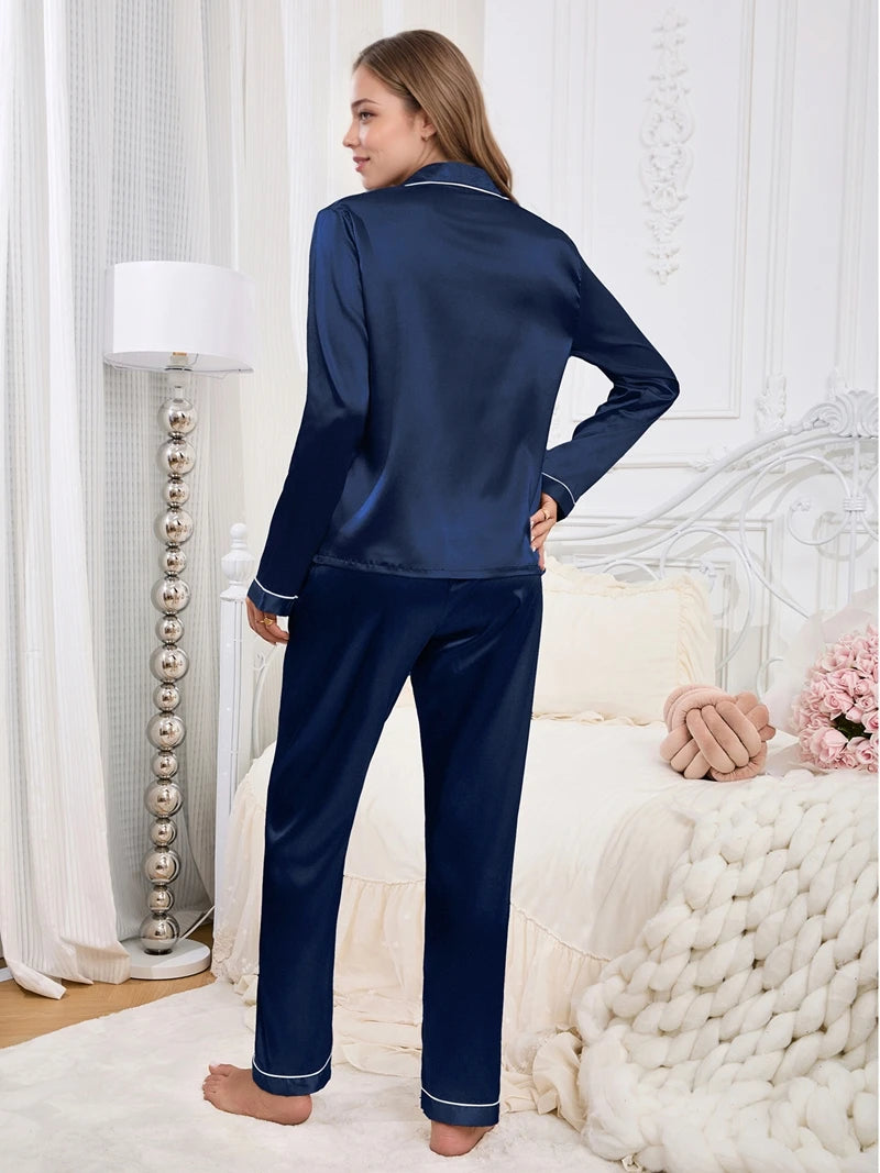 Cozy Solid Satin Pajama Set Long-Sleeve Lapel Top With Pocket And Long Pant Comfortable Fit Women's Autumn Sleepwear Loungewear