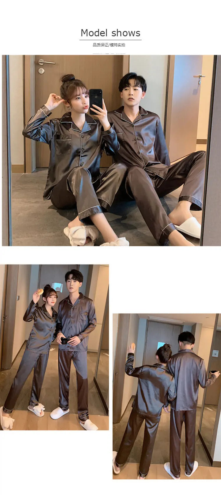 Sleepwear Couple Silk Satin Solid Color Pajama Sets Long Button-Down Pijama Plus Size Home Clothes Pyjamas Women Men Loungewear