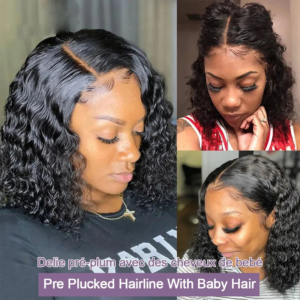 Human Hair Bob Pixie Cut Wig Double Knots Glueless Curly Water Wave 13x4 Pre-Cut Bleached No Glue Wig Remy 30s Easy Install