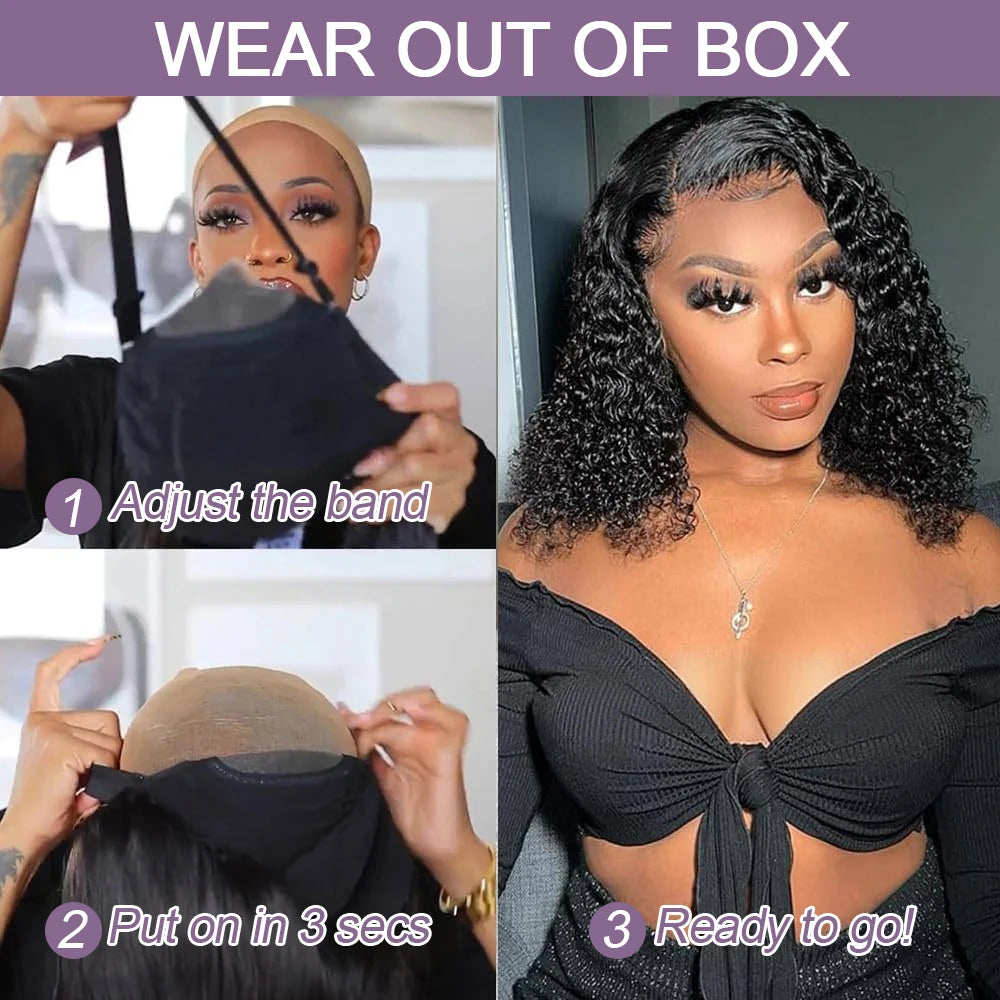 Human Hair Bob Pixie Cut Wig Double Knots Glueless Curly Water Wave 13x4 Pre-Cut Bleached No Glue Wig Remy 30s Easy Install